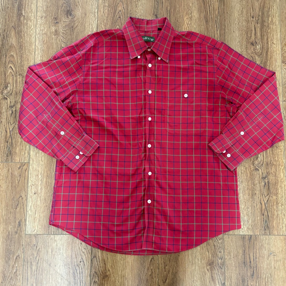 Orvis Mens XL Red Plaid Button Down Shirt Long Sleeve 100% Cotton stripes casual